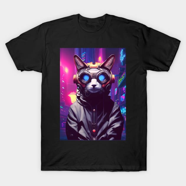 Techno Cat In Japan Neon City T-Shirt by jodotodesign